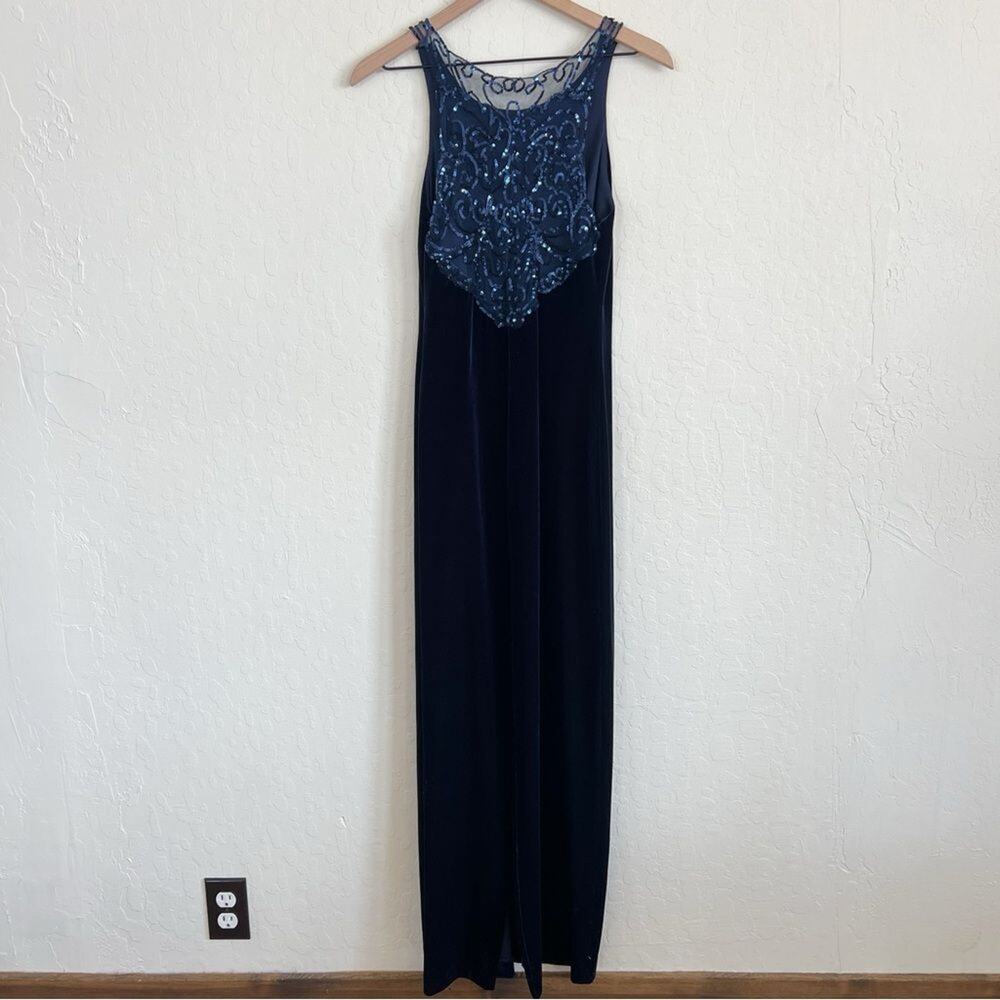 Vintage Night Way Collection Sleeveless Sheer Sequined Velvet Maxi Dress 6 Blue